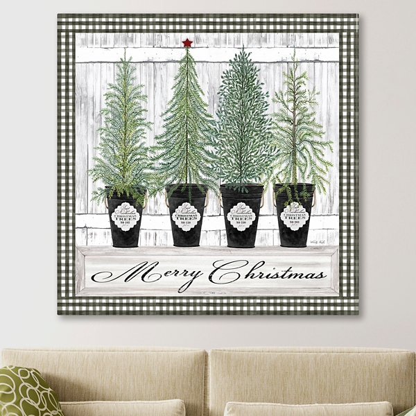 Merry Christmas Tall Potted Trees Canvas Art Print
