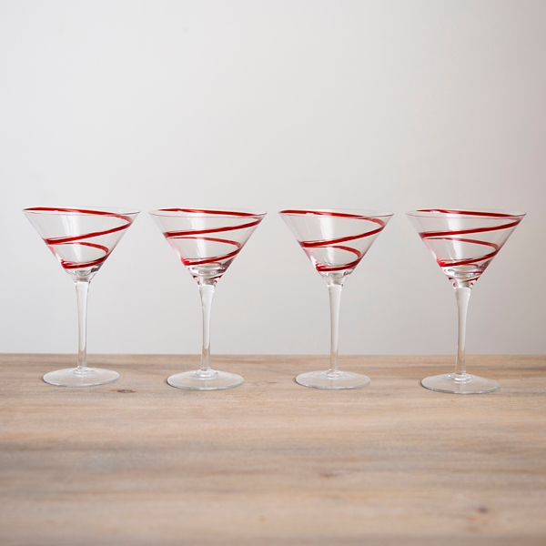 3 PIER 1 RED WHITE SWIRLS PEPPERMINT FUN MARTINI / COSMOPOLITAN GLASSES 7  1/2”T