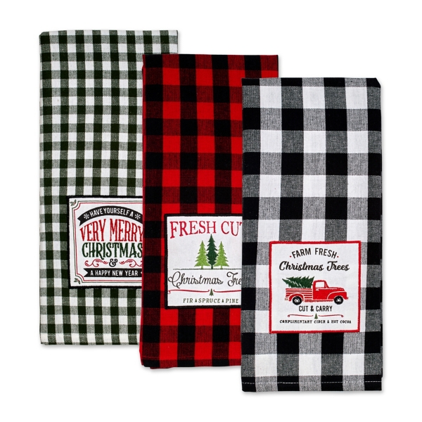 christmas tea towel, charlie brown and co tree farm christmas spirit red buffalo  plaid kitchen towel