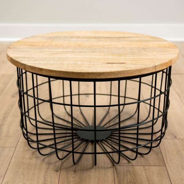 Mango Wood And Black Metal Basket Coffee Table Kirklands