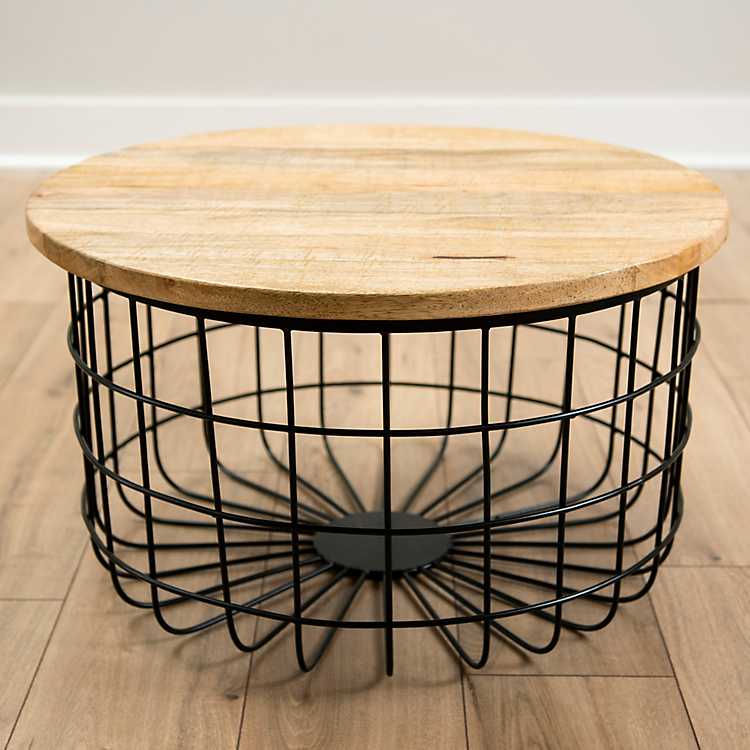 Mango Wood And Black Metal Basket, Circle Wood And Metal Coffee Table