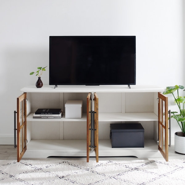 White and Rustic Oak Glass Door TV Stand