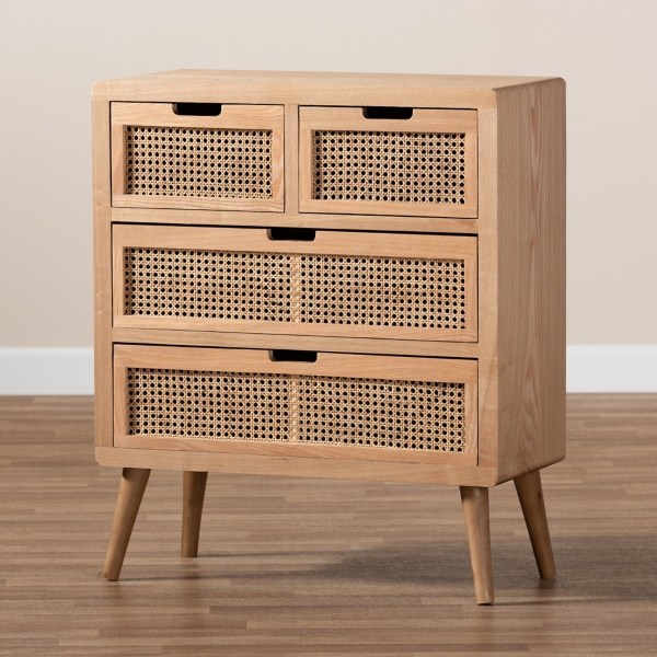 Oak and Rattan 4-Drawer Chest