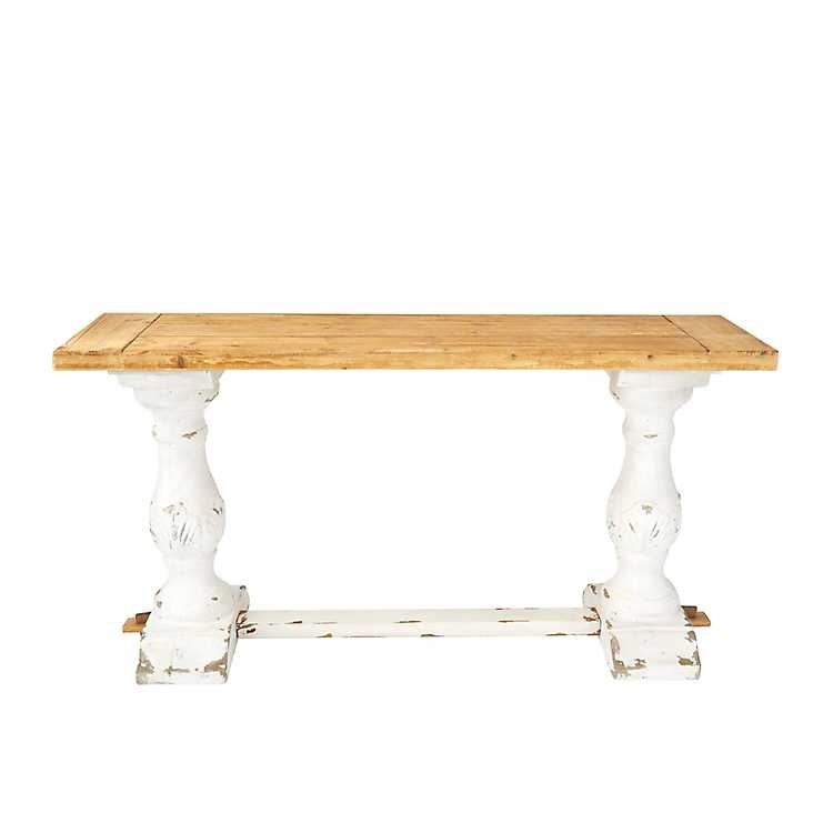 Distressed White Rustic Carved Console, Distressed Hallway Table