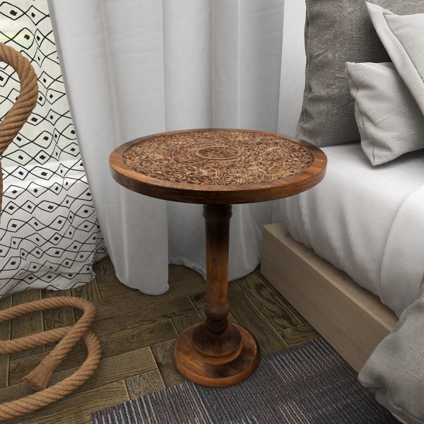 Carved Mandala Mango Wood Accent Table