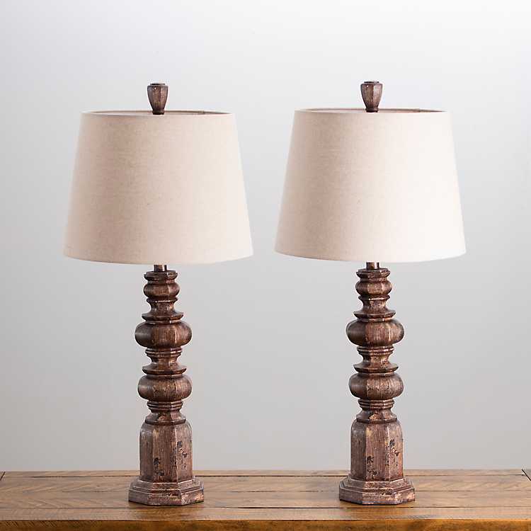 Brown Carved Spindle Table Lamps Set, Carved Two Tone Brown Table Lamp