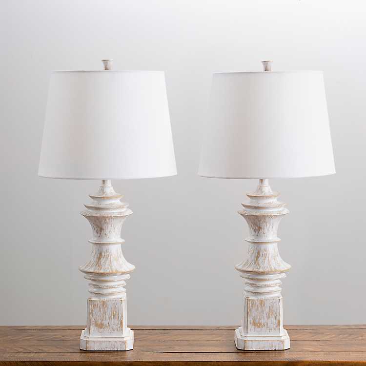 Distressed Cream Carved Table Lamps, End Table Lamps