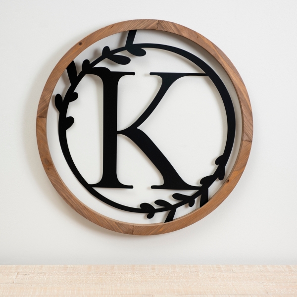 Wood and Metal Laurel Monogram K Plaque