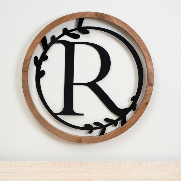 Wood and Metal Laurel Monogram R Plaque