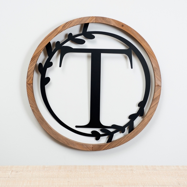Wood and Metal Laurel Monogram T Plaque | Kirklands Home