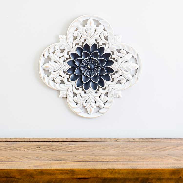 Navy And White Medallion Carved Plaque Kirklands Home - White Carved Wood Medallion Wall Art