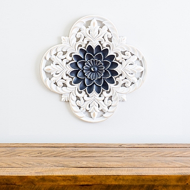 White Floral Carved Wood Wall Plaque