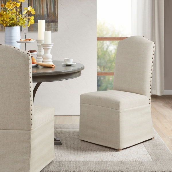 Beige High Back Skirted Dining Chairs, Set of 2