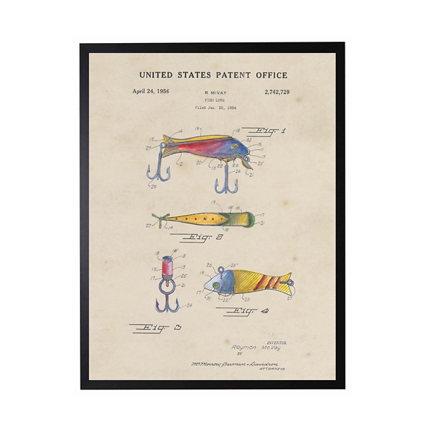 Watercolor Fish and Lure Patent Framed Art Print