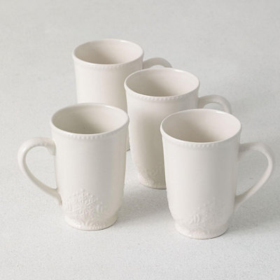White Ceramic Snowflake Embossed Mugs, Set of 4