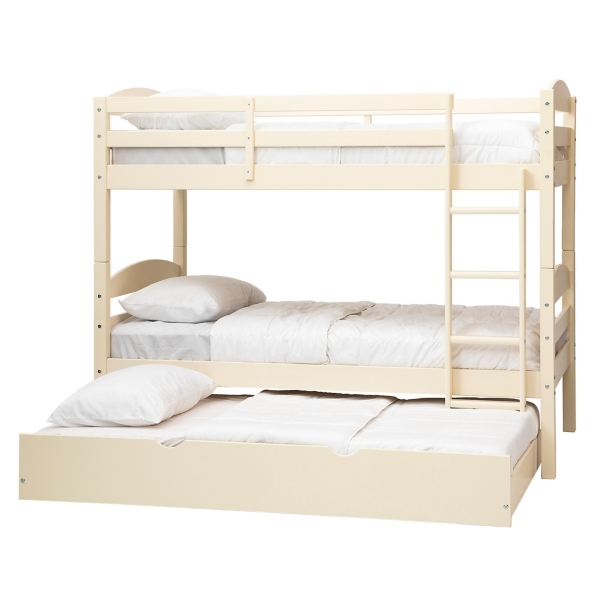 white wooden bunk beds with mattresses