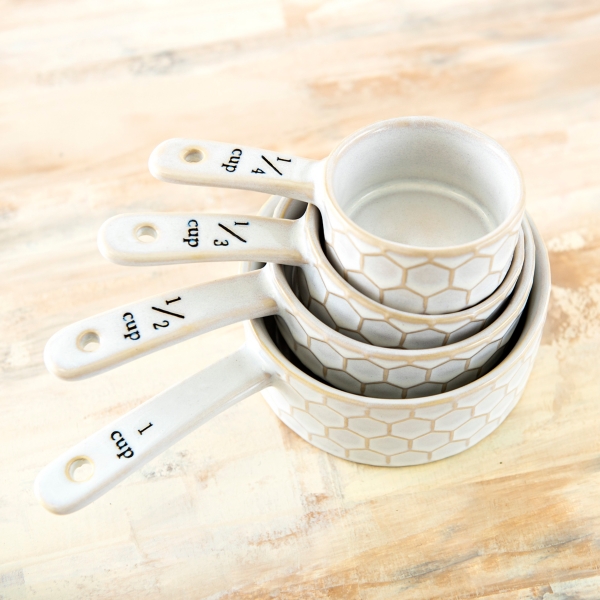 Cream Embossed Beehive Measuring Cups, Set of 4
