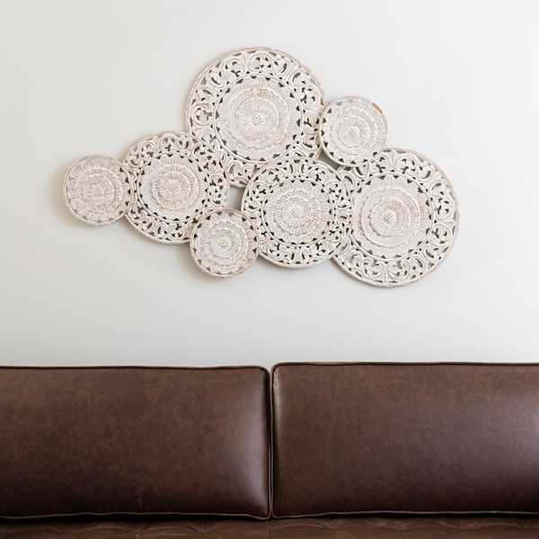 Whitewashed Abstract Carved Plates Wall Plaque