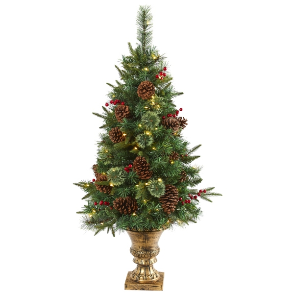 4 ft. Pre-Lit Berry and Pine Cones Tree in Urn | Kirklands Home