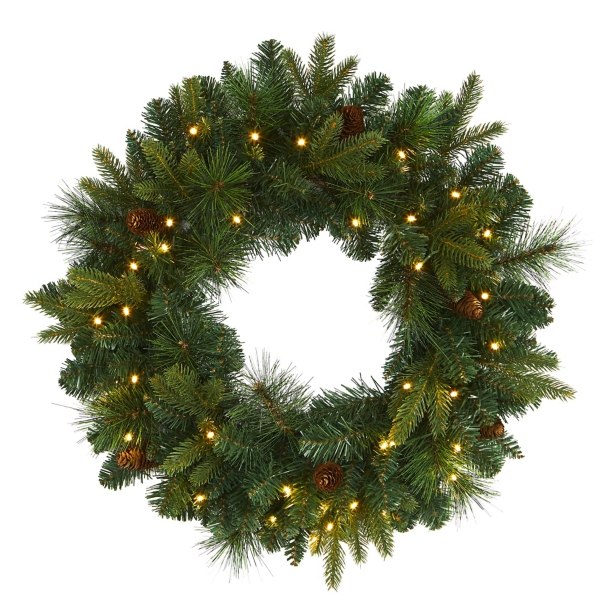Mixed Pine Clear LED Wreath, 24 in.