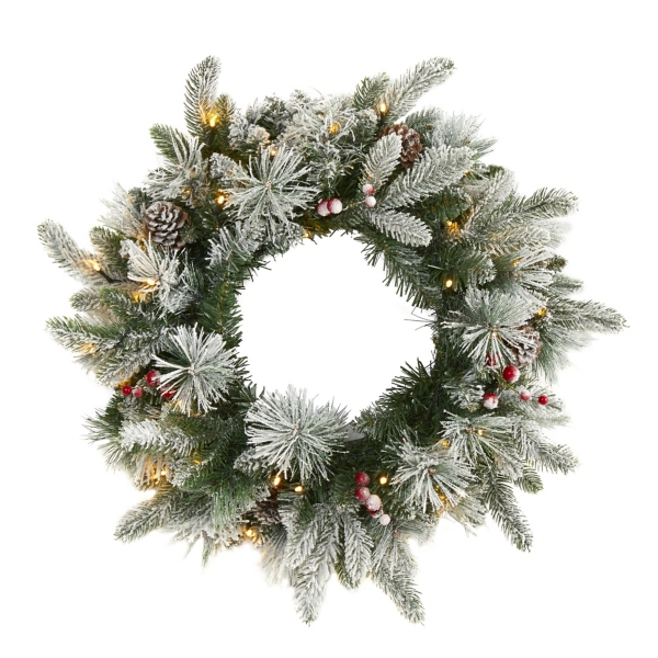 Flocked Evergreen and Mixed Berry LED Wreath