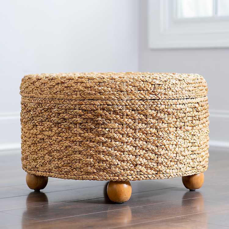 Round Natural Hyacinth Storage Ottoman, Round Wicker Ottoman With Legs And