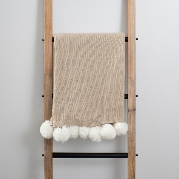 Tan and Ivory Pom Pom Throw Blanket