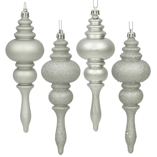 Silver 4-Finish Finial Ornaments, Set of 8