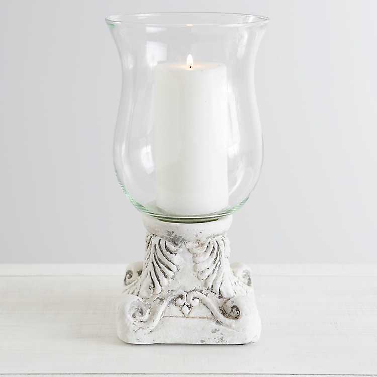 Large Pretty Stone Base Hurricane Candle Holder Lantern Shabby Chic Glass Vase 