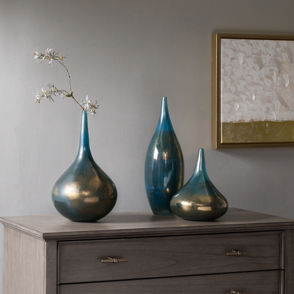 Blue and Bronze Metallic Glass Vases, Set of 3