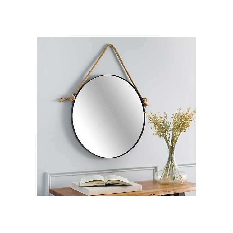 Black Round Framed Mirror With Rope 24, Black Round Wall Mirror With Rope