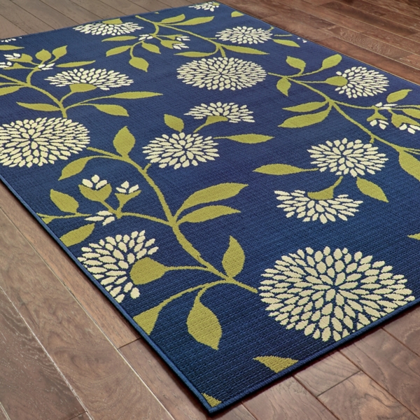 Navy and Green Floral Vine Outdoor Area Rug, 5x7