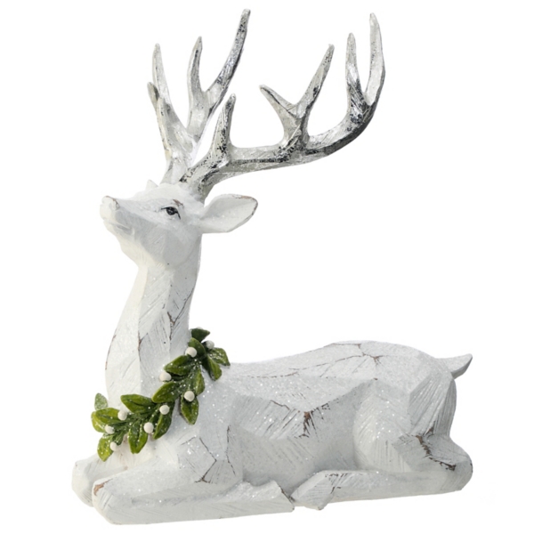 White Frosted Laying Deer with Mistletoe Statue Kirklands Home