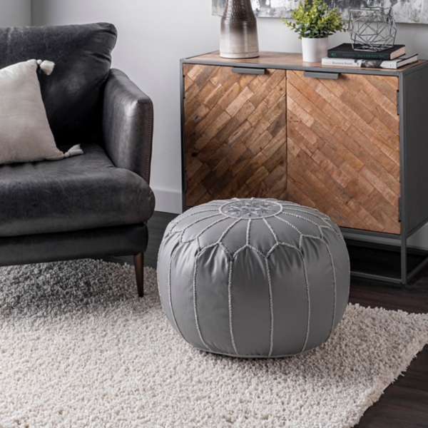 Gray Faux Leather Round Pouf