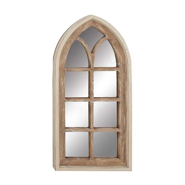 Brown Wood Arched Window Frame Mirror, Wooden Arch Window Mirror