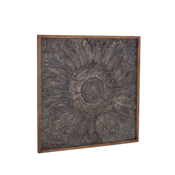 Dark Silver Metal Sunburst Wood Frame Wall Plaque