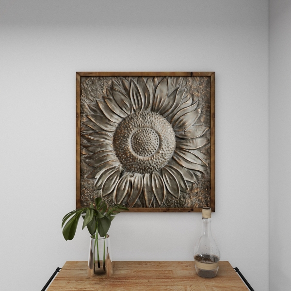 Dark Silver Metal Sunburst Wood Frame Wall Plaque
