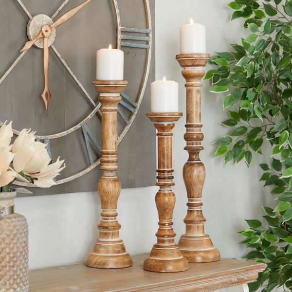 Natural Mango Wood Carved Candle Holders, Set of 3