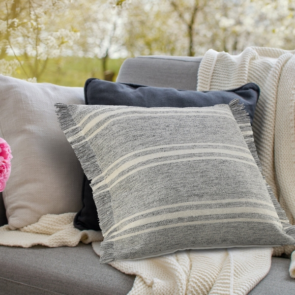 Gray and White Triple Stripe Outdoor Pillow