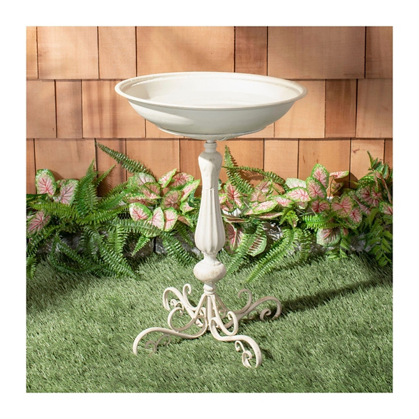 White Scroll Metal Fluted Bird Bath