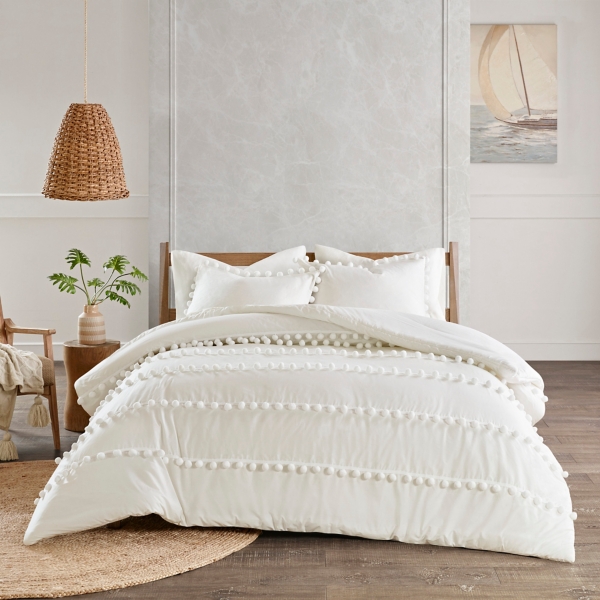 White Pom Pom Full/Queen 3-pc. Comforter Set