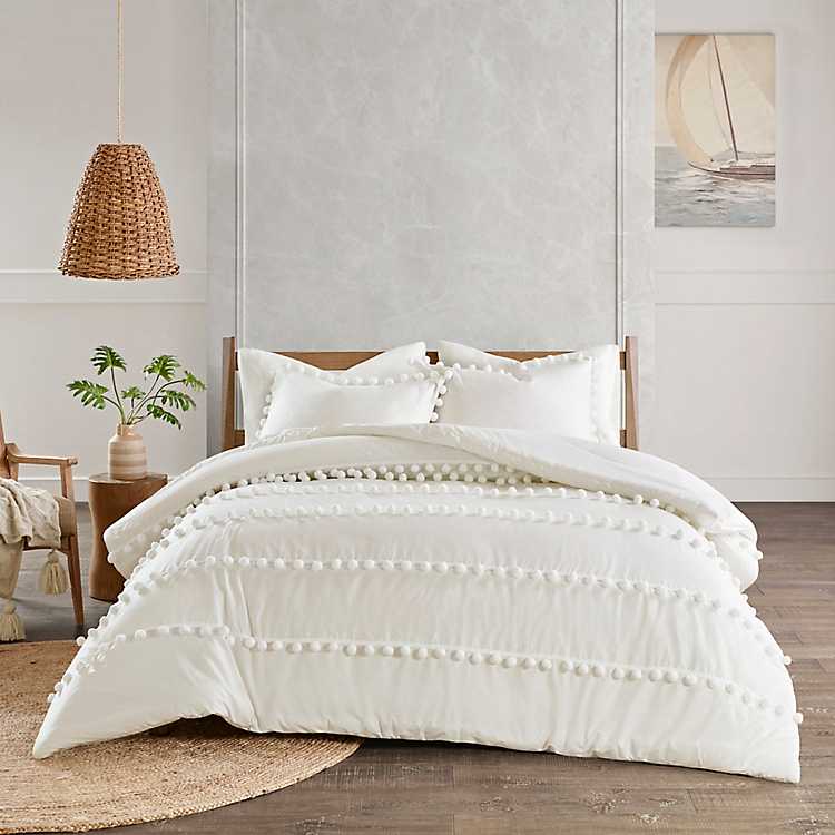 White Pom California King 3 Pc, California King Bed Comforter Set White