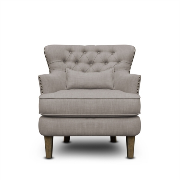 Gray Tufted Armchair with Lumbar Pillow