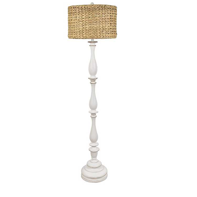 White Floor Lamp With Hand Woven Raffia, Kirkland Lamps Floor