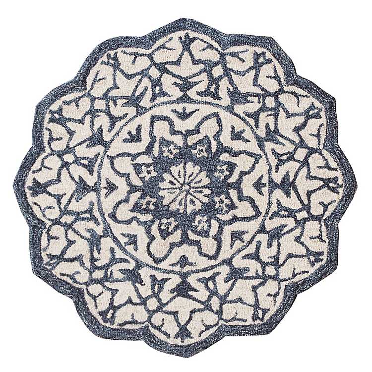 Blue Wool Mosaic Medallion Round Area, Round Rug 3 Ft