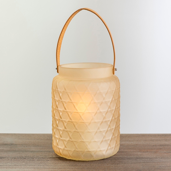 Sand Frosted Glass Lantern with Leather Handle Kirklands Home