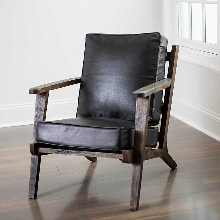 Black Leather And Wood Accent Chair, Leather Accent Chair