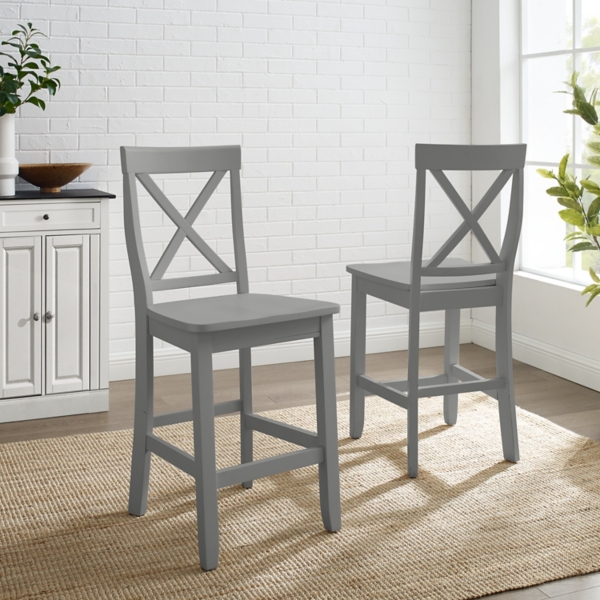 Gray Wood X-Back Counter Stools, Set of 2