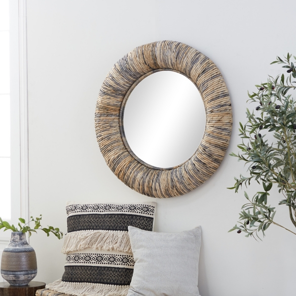 Round Teak Wood Coiled Tampar Frame Mirror
