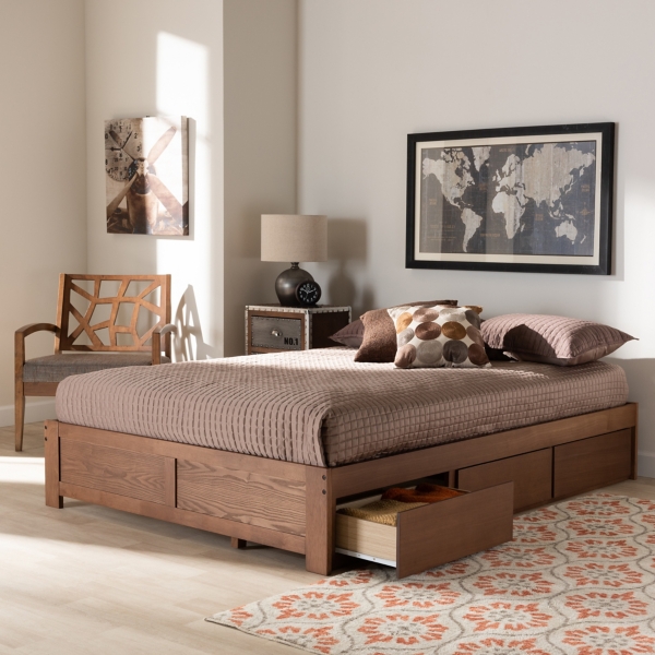 Walnut Wooden 3-Drawer Platform Bed